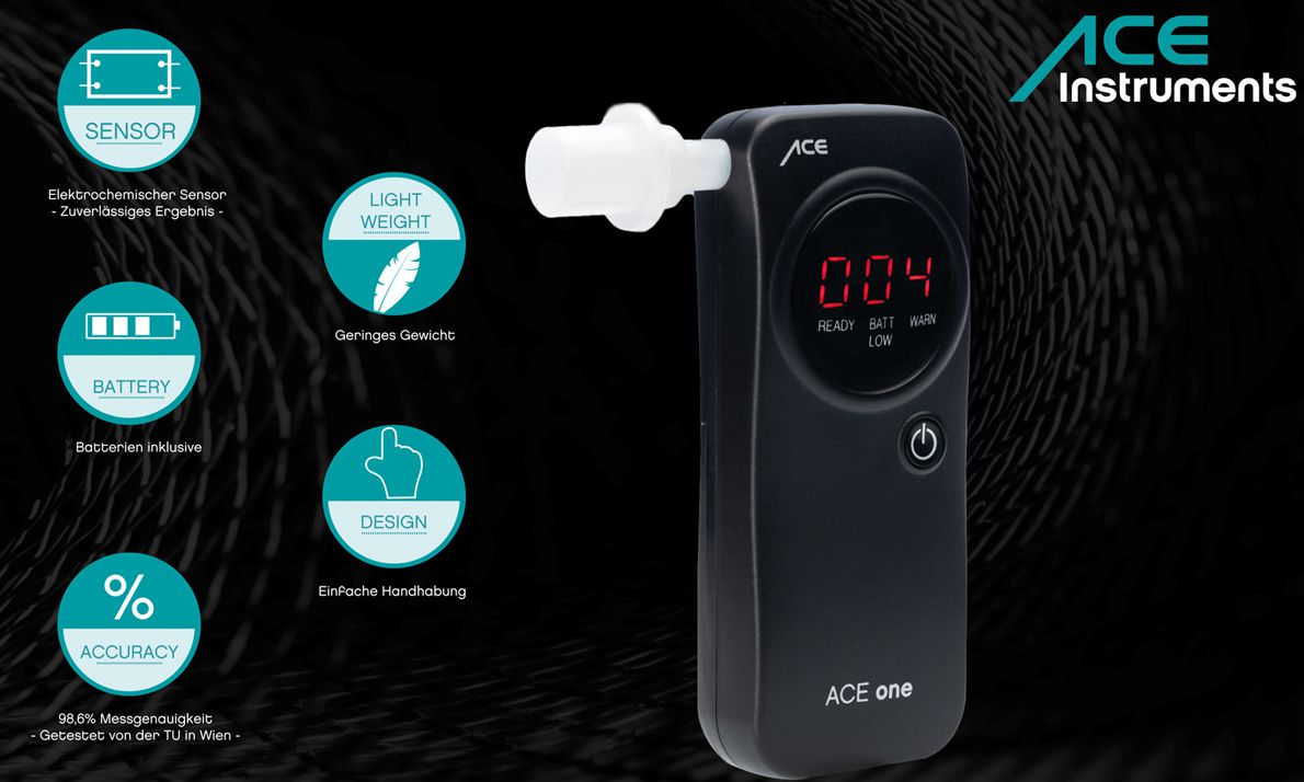 Alcohol tester ACE one with electrochemical sensor + 25 mouthpieces & calibration voucher