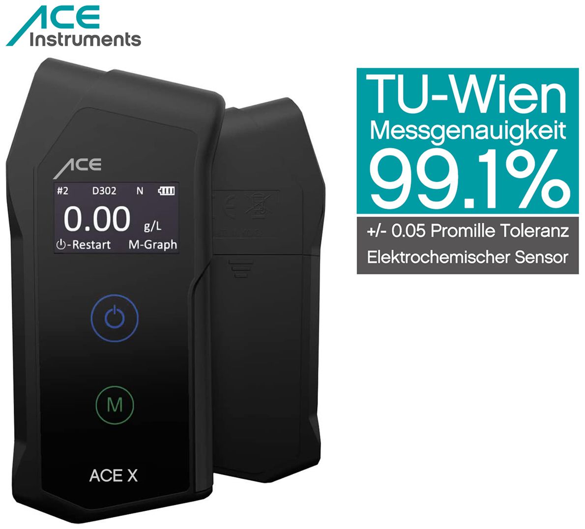 ACE X Alkoholtester - TU-Wien-Testsieger (99,1%) - Alkotester + 25 Mundstücke & Kalibrier-Gutschein