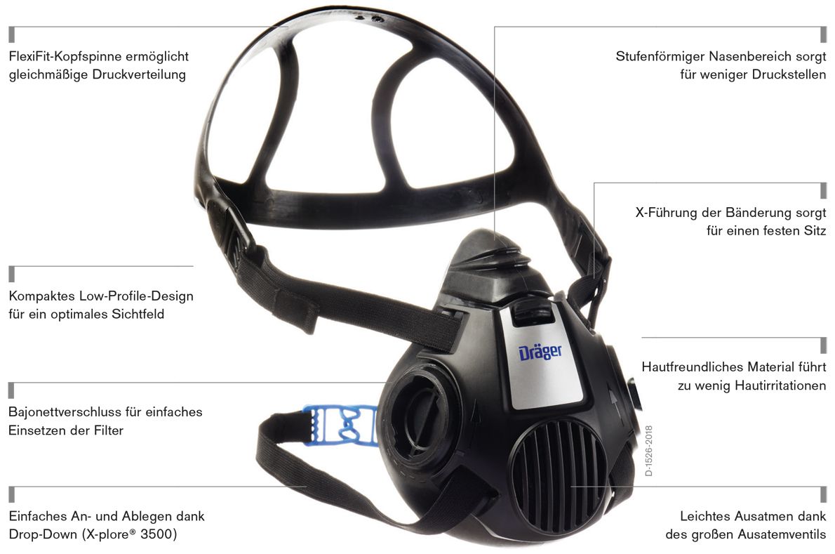 Dräger X-plore 3500 Zweifilter-Atemschutzmaske mit Bajonett-Anschluss - EN 140 - Gr. M