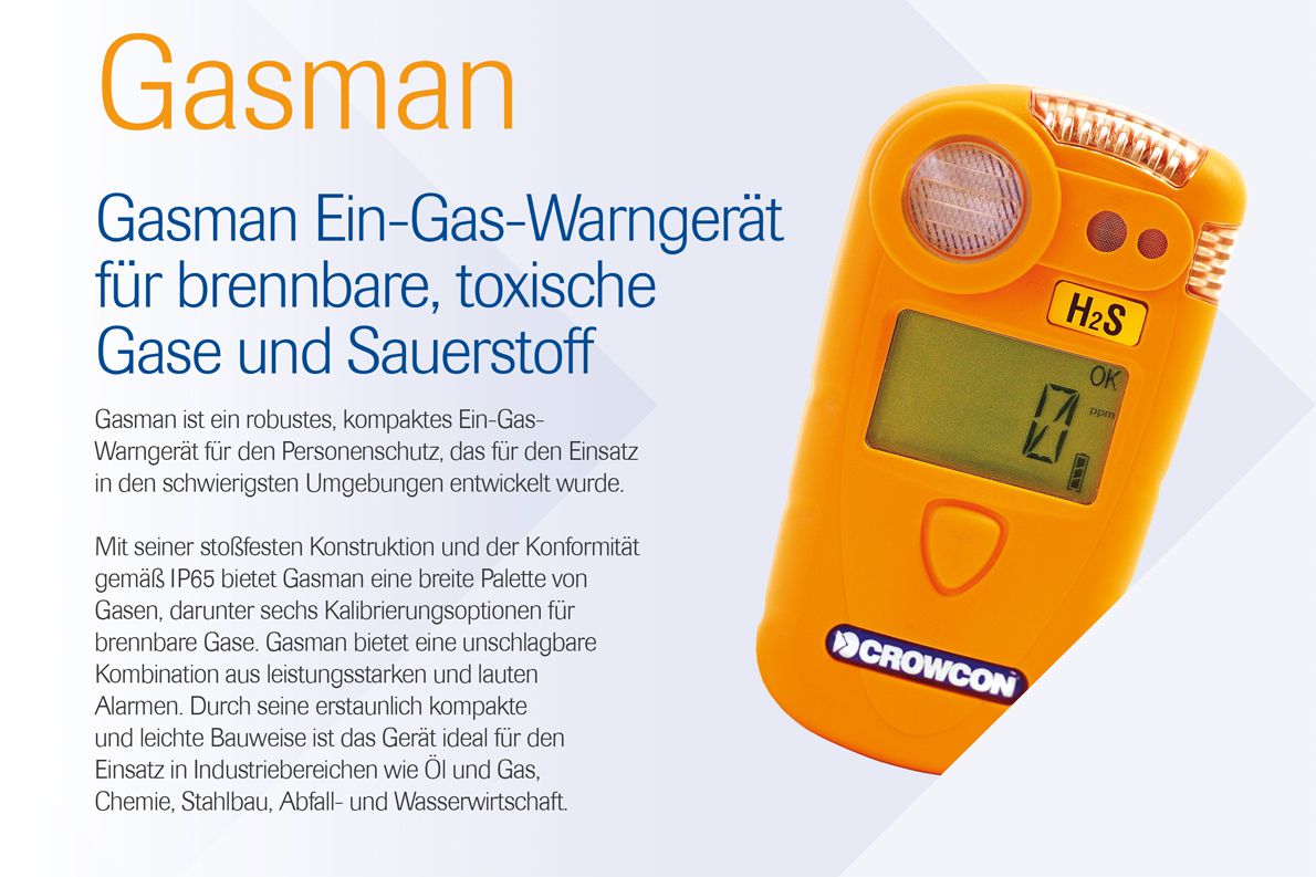 Crowcon Gasman Ein-Gaswarngerät - mit CO-Sensor (0-1500 ppm) - A1=30 ppm / A2=100 ppm - 2 Jahre Laufzeit