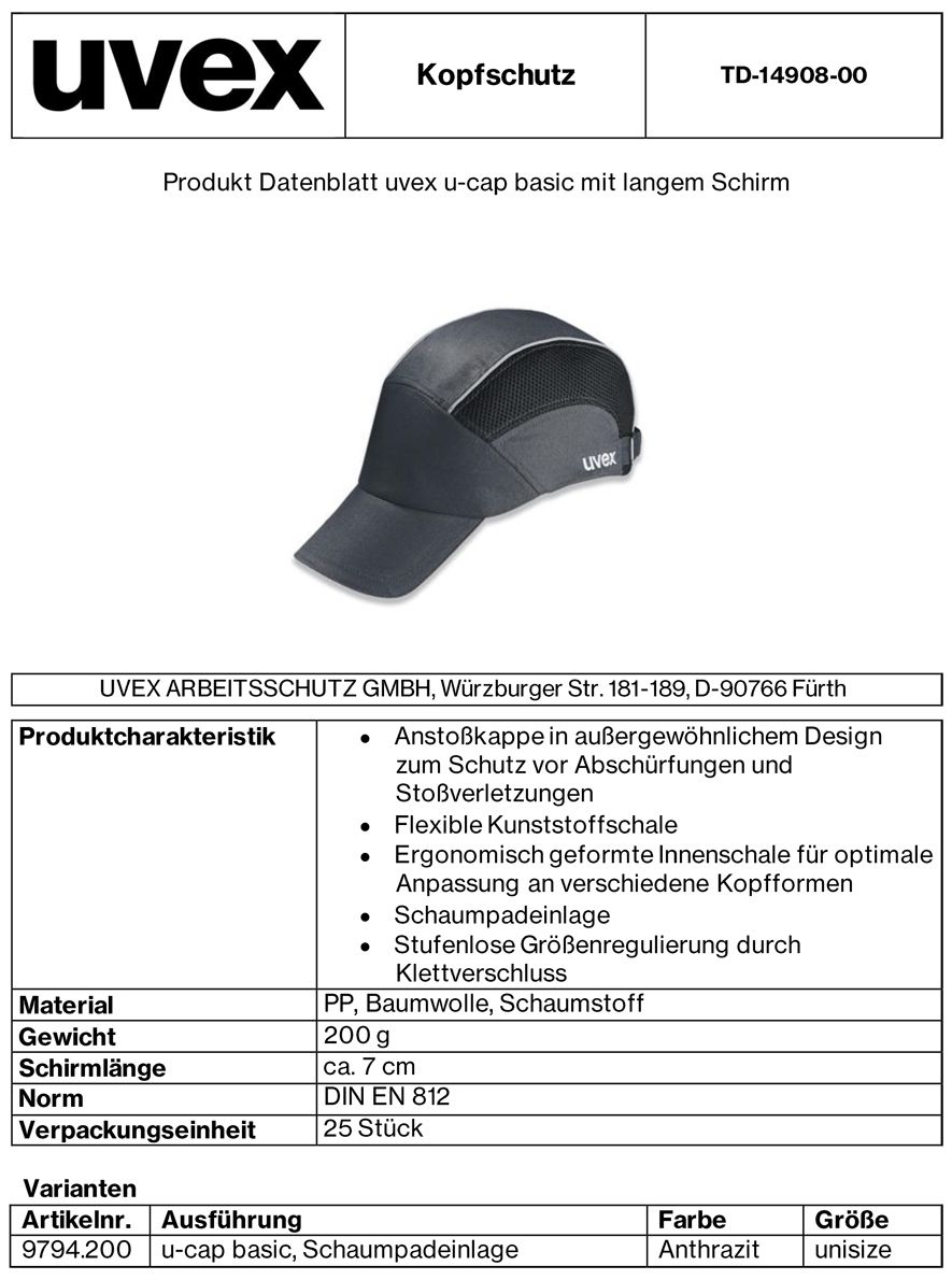 uvex u-cap basic Anstoßkappe - Komfortable Schutzkappe mit langem Schirm - für Bau & Industrie - EN 812