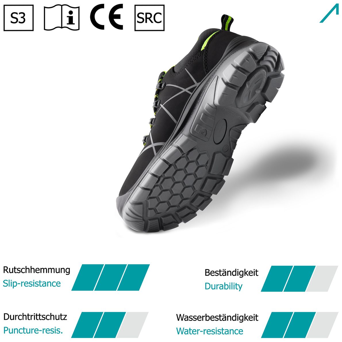 ACE Constructor S3-Arbeits-Sneakers - mit Stahlkappe - Sicherheits-Schuhe für die Arbeit  - Schwarz/Grün - 38