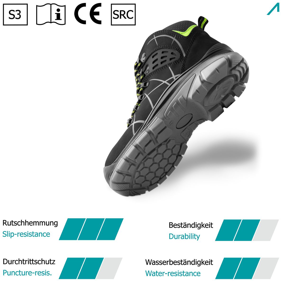 ACE Constructor High S3-Arbeits-Stiefel - mit Stahlkappe - Sicherheits-Schuhe für die Arbeit  - Schwarz/Grün