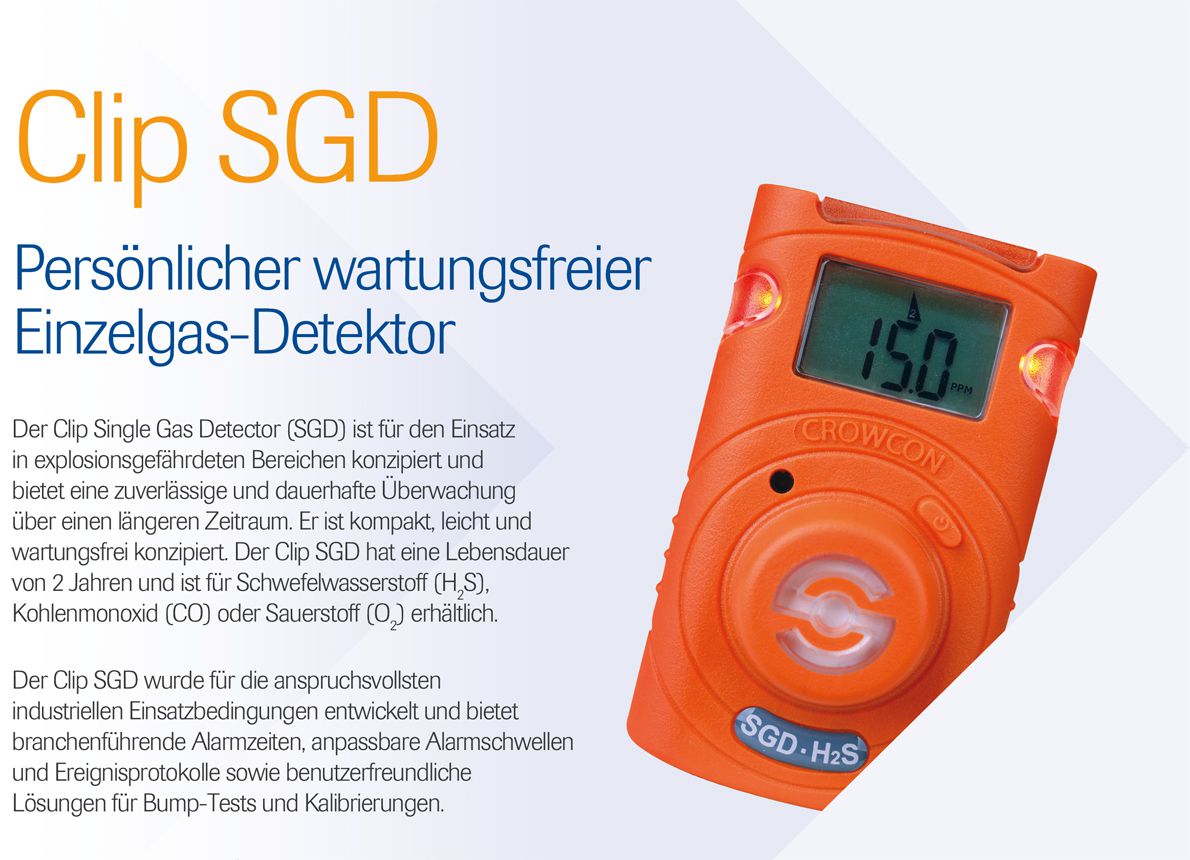 Crowcon Clip SGD Ein-Gaswarngerät - mit H2S-Sensor (0-100 ppm) - A1=10 ppm / A2=15 ppm - 2 Jahre Laufzeit