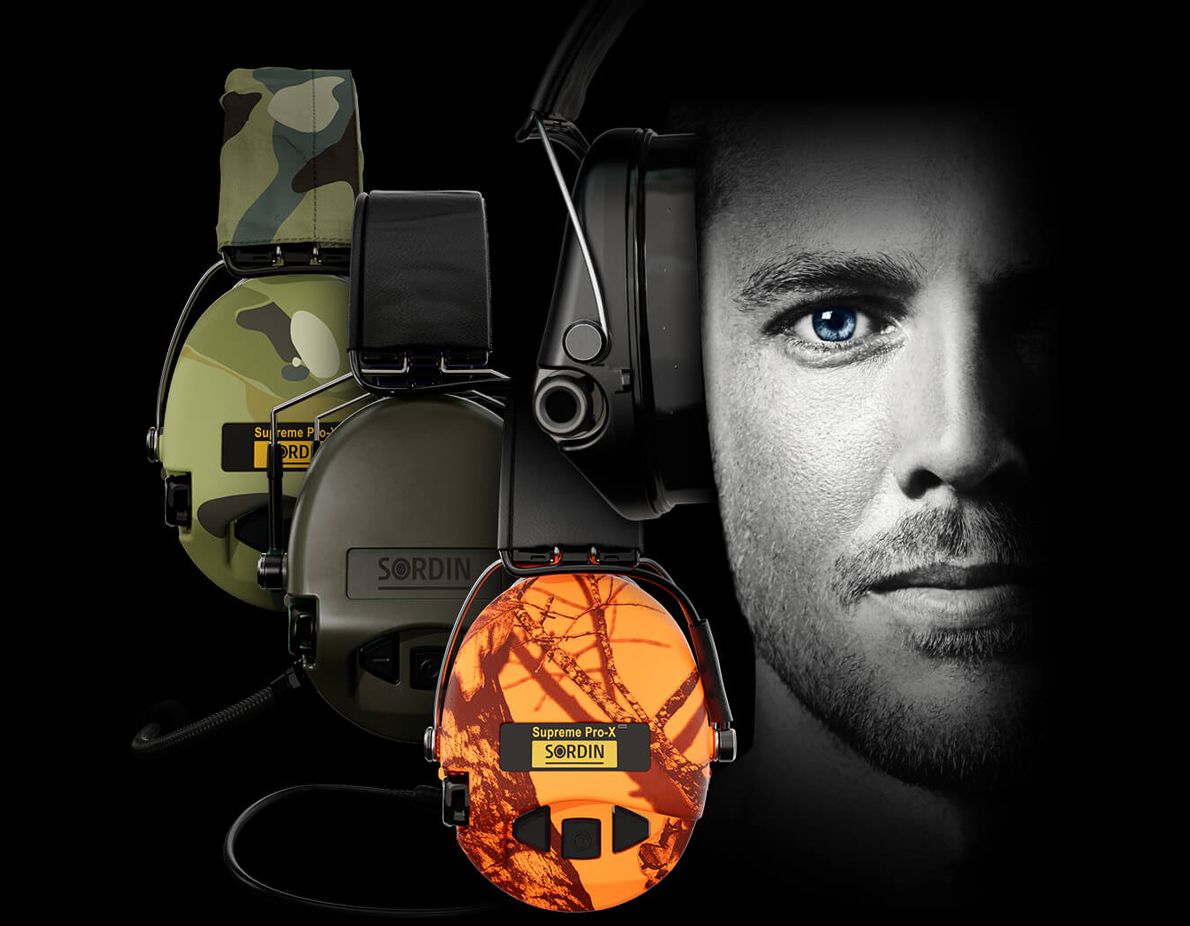 Sordin Supreme Pro-X Aktiver Kapsel-Gehörschutz - EN 352 - Version mit Camo-Stoffband, Schaumkissen & grünen Kapseln