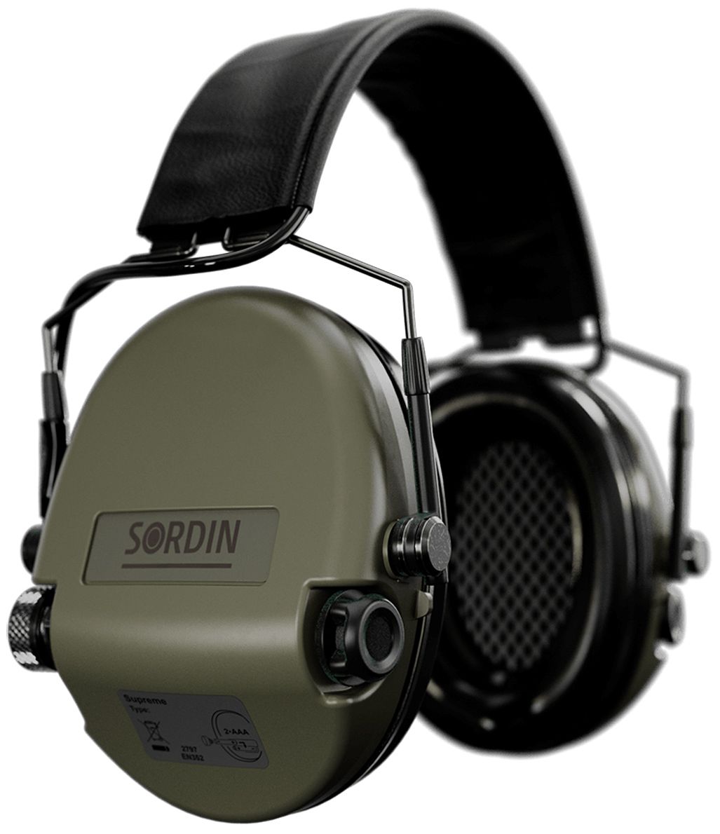 Sordin Supreme MIL AUX Slim Gehörschutz - aktiver Militär-Gehörschützer - AUX-Anschluss, Leder-Band & grüne Kapsel