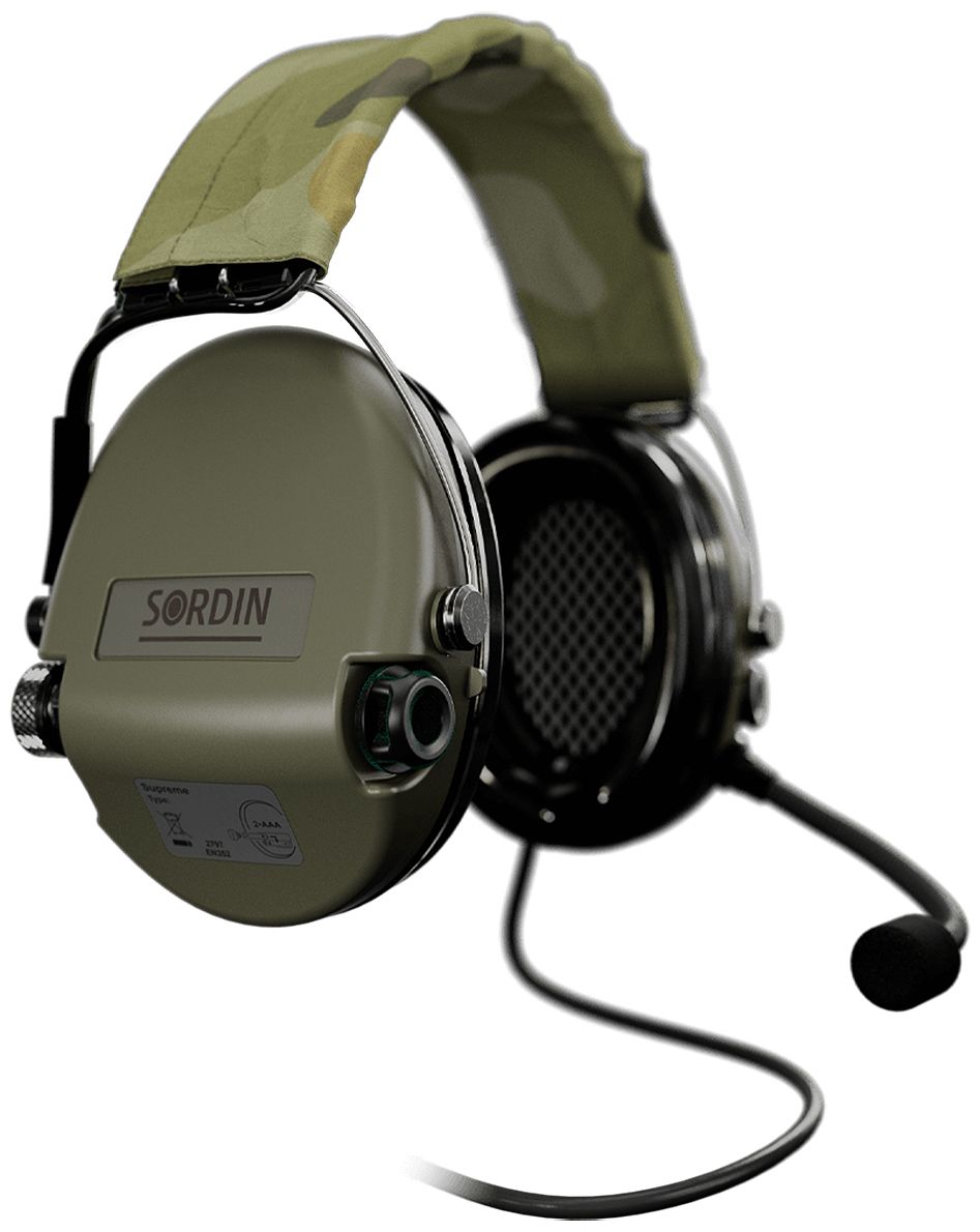 Sordin Supreme MIL CC Gehörschutz - aktiver Militär-Gehörschützer - Nexus-TP120-Downlead, Camoband & grüne Kapsel