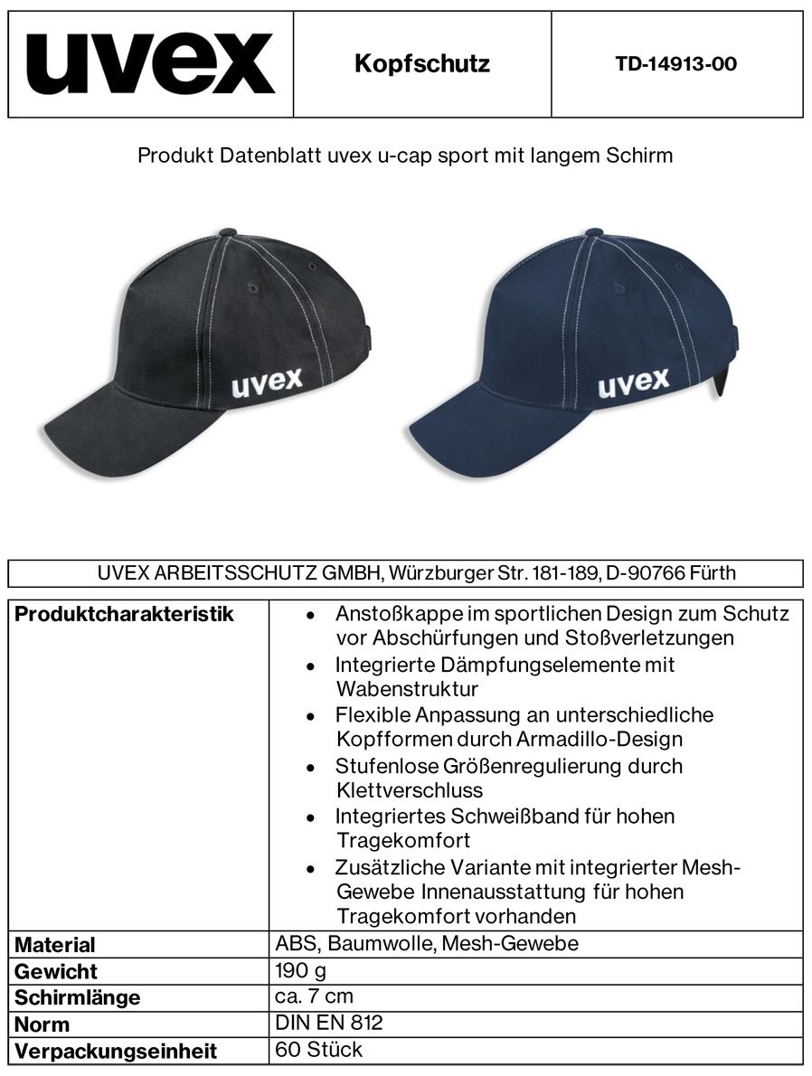 uvex u-cap sport Anstoßkappe - Schutzkappe mit langem Schirm - für Bau & Industrie - EN 812 - Schwarz - 60 bis 63 cm