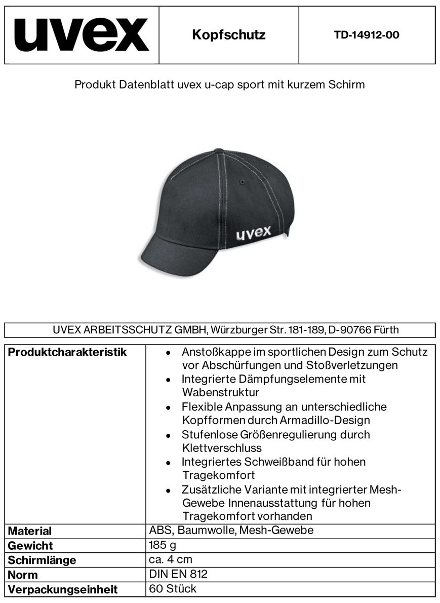 uvex u-cap sport Anstoßkappe - Schutzkappe mit kurzem Schirm - für Bau & Industrie - EN 812 - Schwarz - 60 bis 63 cm