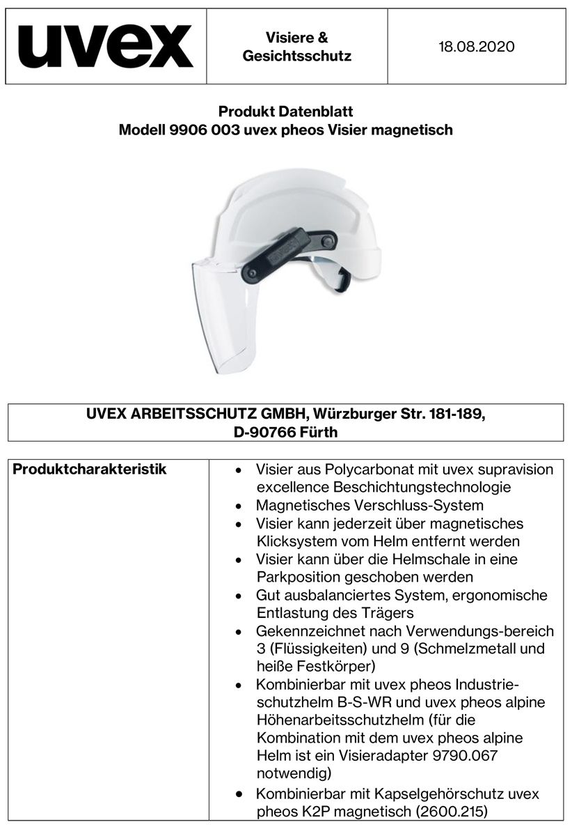 uvex pheos magnet polycarbonate helmet visor - only for uvex pheos B-S-WR & pheos alpine - EN 166/170 - anti-fog & scratch resistant