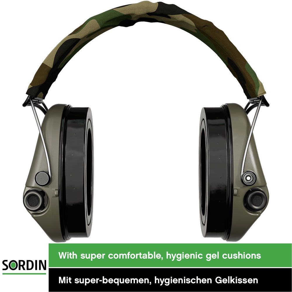 Sordin Supreme Pro-X LED Gehörschutz - aktiver Jagd-Gehörschützer - EN 352 - Gel-Kissen, Camo-Band & grüne Kapsel