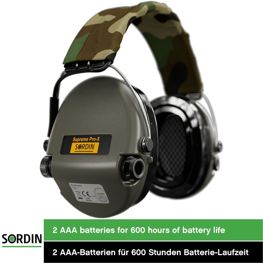 Sordin Supreme Pro-X LED Gehörschutz - aktiver Jagd-Gehörschützer - EN 352 - Gel-Kissen, Camo-Band & grüne Kapsel