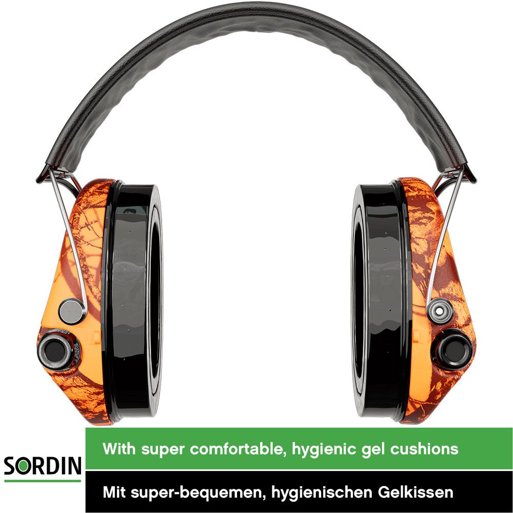 Sordin Supreme Pro-X LED Gehörschutz - aktiver Jagd-Gehörschützer - EN 352 - Gel-Kissen, Leder-Band & orange Kapsel