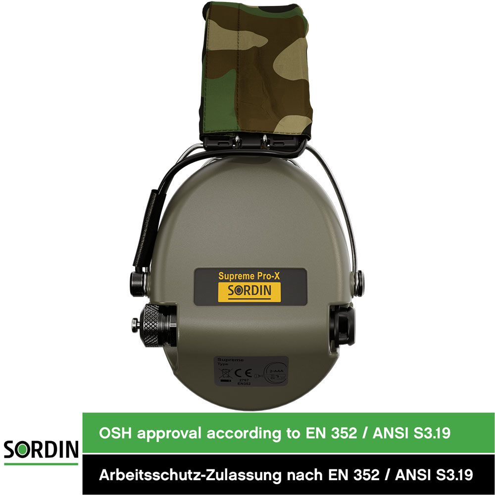 Sordin Supreme Pro-X Gehörschutz - aktiver Jagd-Gehörschützer - EN 352 - Schaum-Kissen, Camo-Band & grüne Kapsel