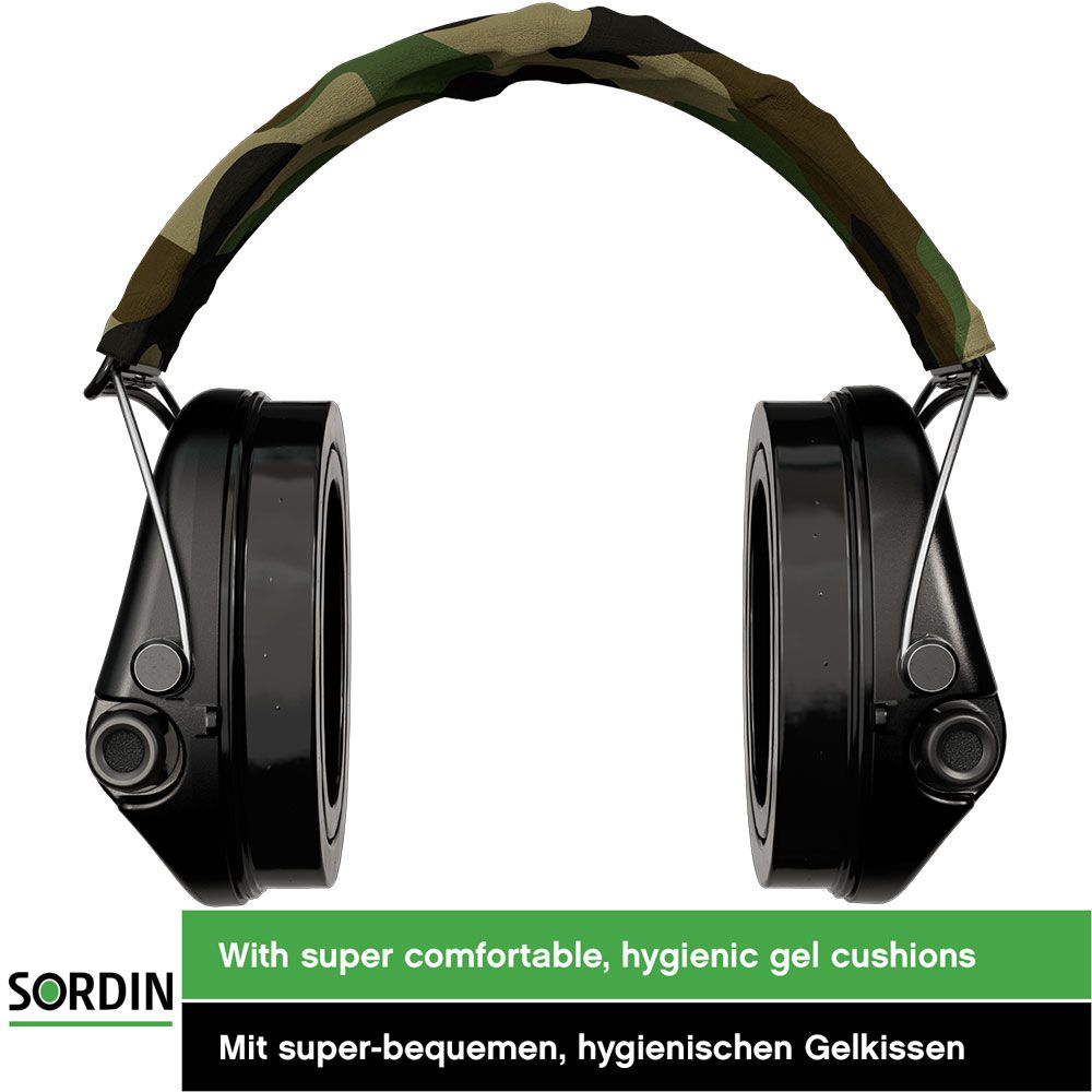 Sordin Supreme Pro-X Gehörschutz - aktiver Jagd-Gehörschützer - EN 352 - Gel-Kissen, Camo-Band & schwarze Kapsel