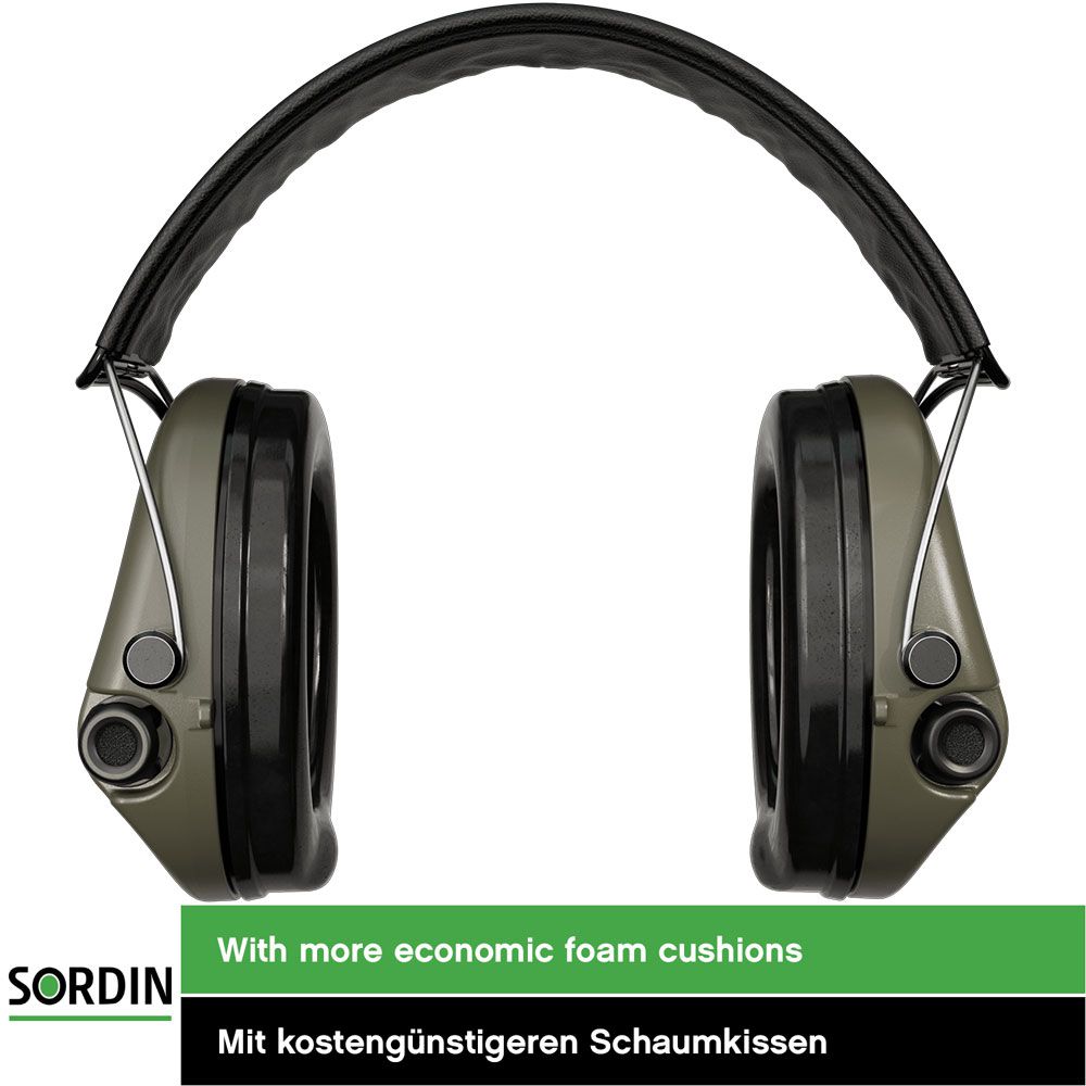Sordin Supreme Pro-X Gehörschutz - aktiver Jagd-Gehörschützer - EN 352 - Schaum-Kissen, Leder-Band & grüne Kapsel