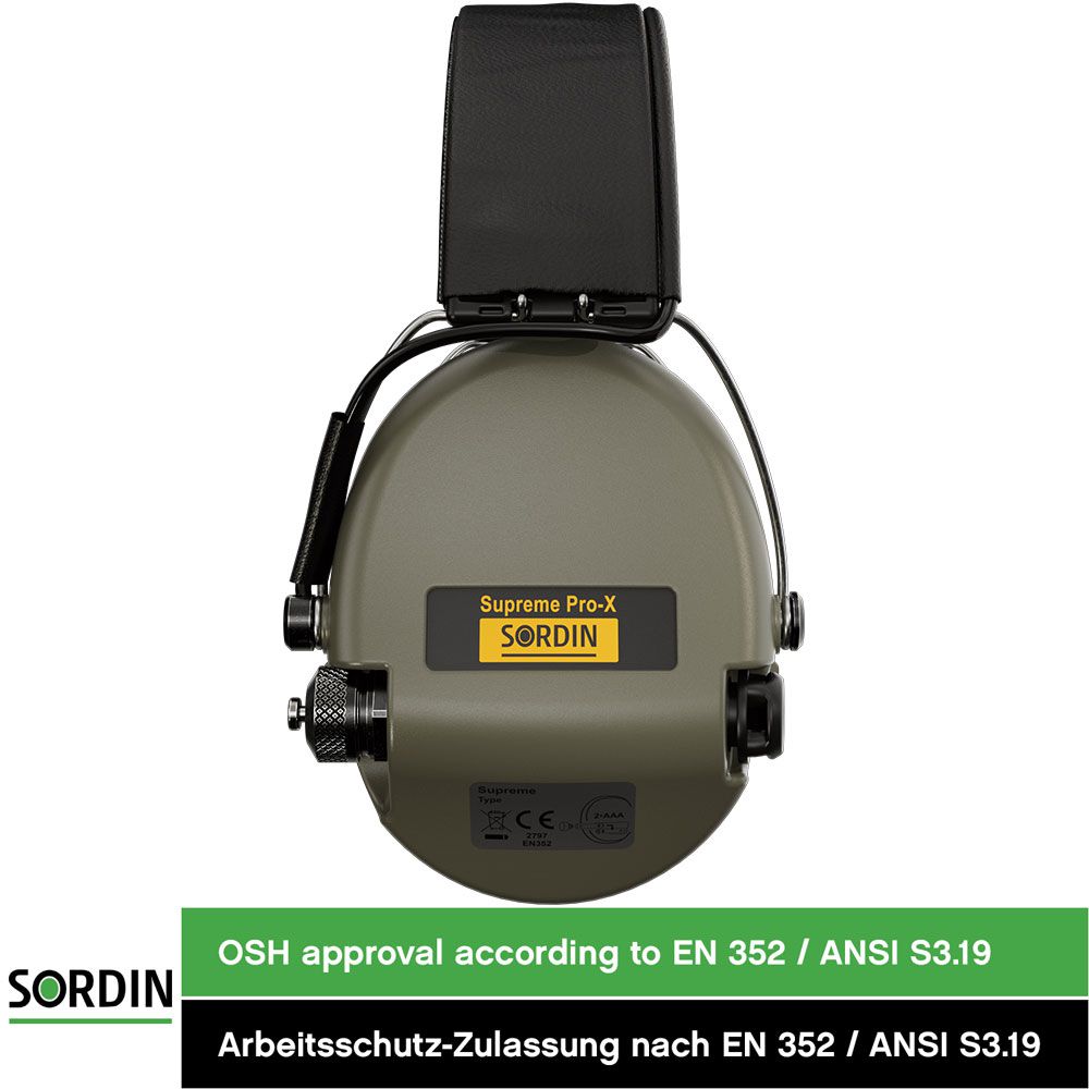 Sordin Supreme Pro-X Gehörschutz - aktiver Jagd-Gehörschützer - EN 352 - Schaum-Kissen, Leder-Band & grüne Kapsel