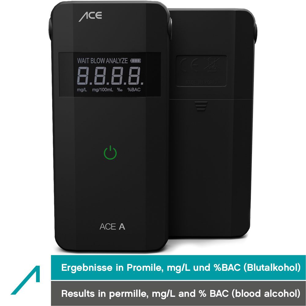 ACE A Alkotester - digitaler Alkohol-/Promilletester mit 25 Mundstücken & Kalibrier-Gutschein - mit 1-Knopf-Bedienung