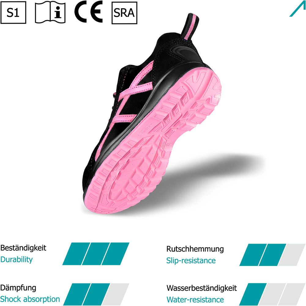 ACE Aurora S1-Arbeits-Sneakers für Damen - mit Stahlkappe - Sicherheits-Schuhe für die Arbeit  - Schwarz/Pink - 40