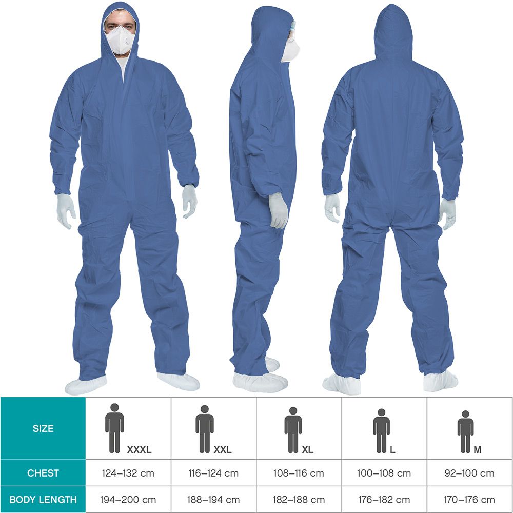 ACE CoverX Hooded Work Coverall - Disposable Protective Coverall for Work - Against Chemicals & Particles - Blue - L