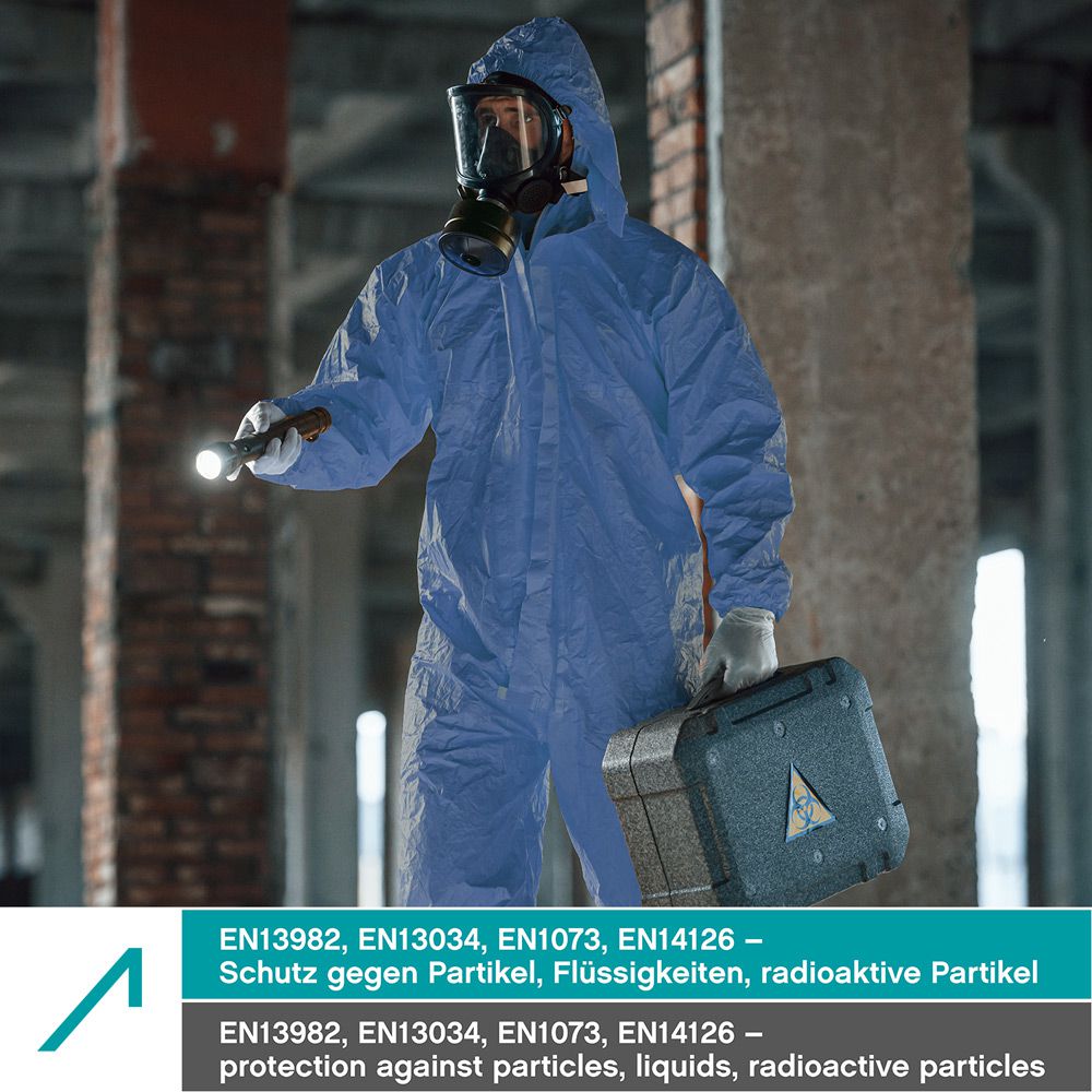 ACE CoverX Hooded Work Coverall - Disposable Protective Coverall for Work - Against Chemicals & Particles - Blue - L