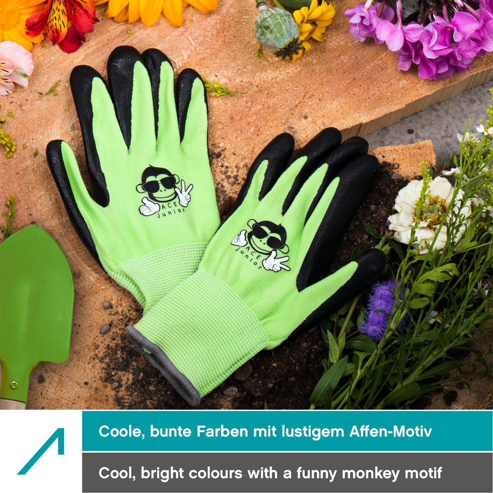 ACE Junior Gardening Gloves - Little Gardener Gloves - Green - 7-8 years (Pack of 3)