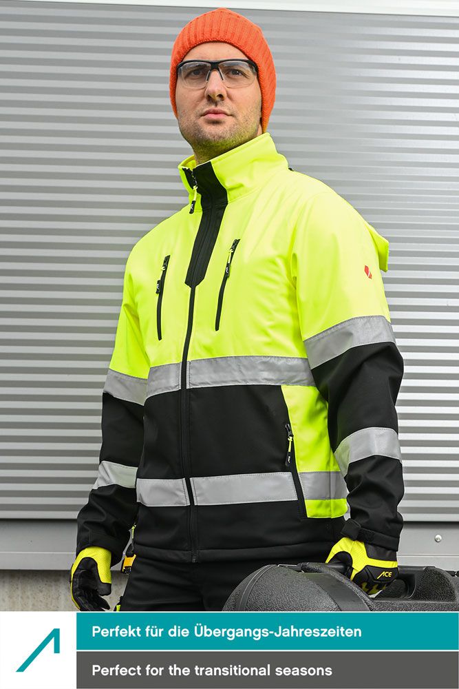 ACE Neon Warnschutz-Jacke - starke Softshell-Warnjacke inkl. Reflektoren und abnehmbarer Kapuze - EN ISO 20471