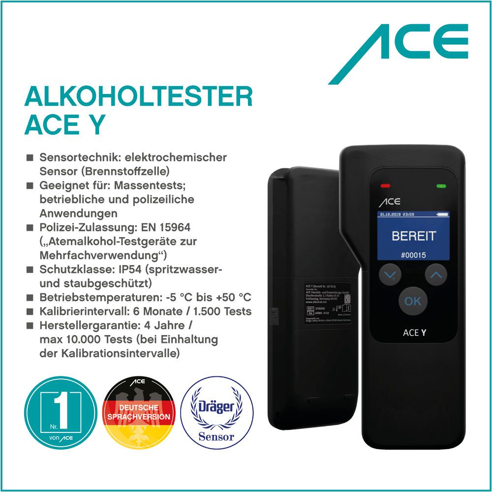 ACE Y Alkotester - digital promilletester - polizeigenauer alcohol tester with 25 mouthpieces & calibration voucher