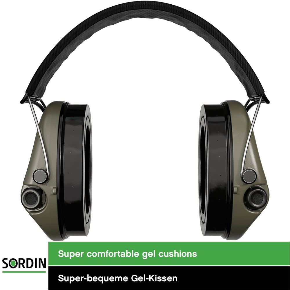 Sordin Supreme Pro-X Hearing Protection - Active Hunting Hearing Protector - EN 352 - Gel Cushion, DE Band (Black) & Green Capsule