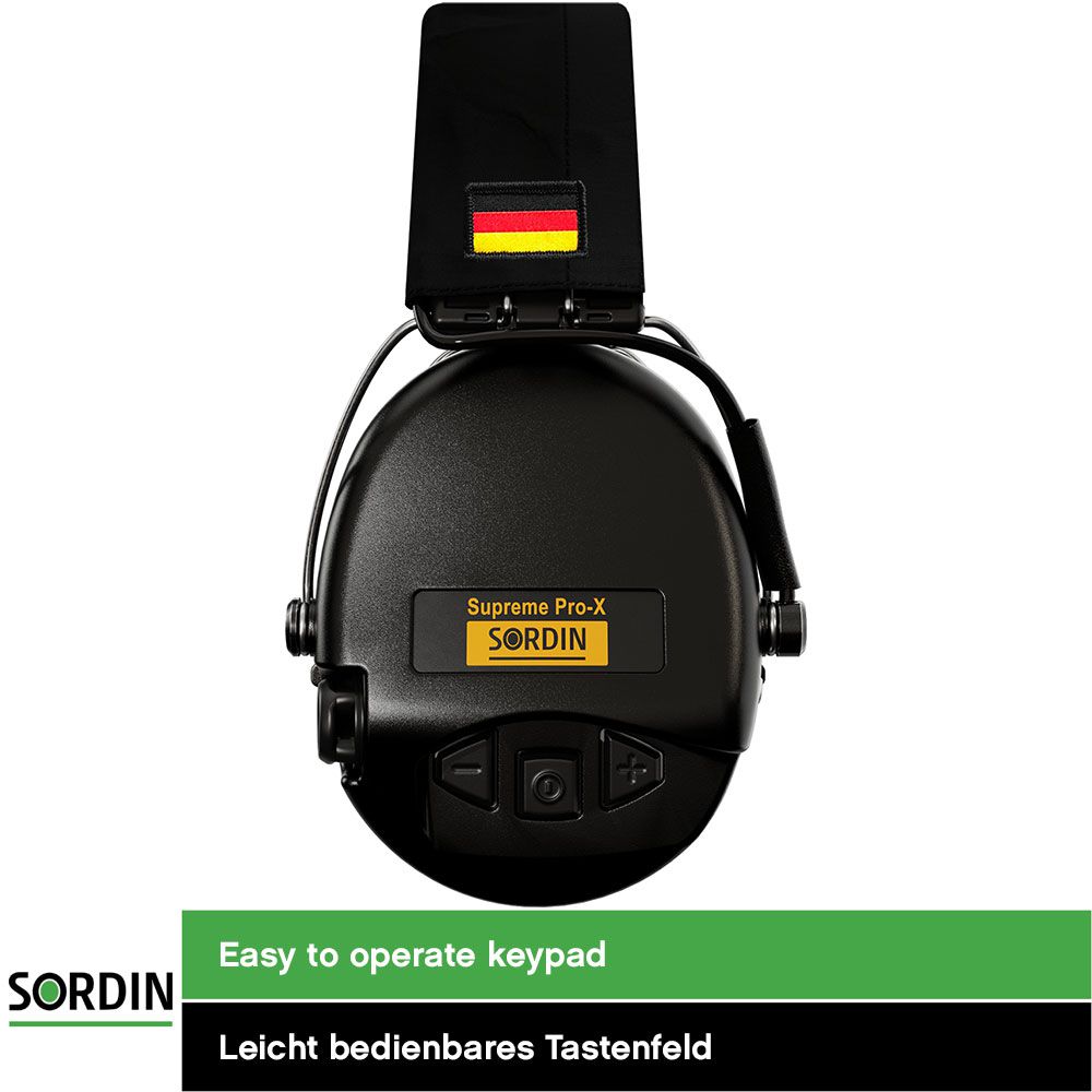 Sordin Supreme Pro-X Gehörschutz - aktiver Kapsel-Gehörschützer - schwarzes Kopfband mit DE-Flagge - schwarze Kapseln