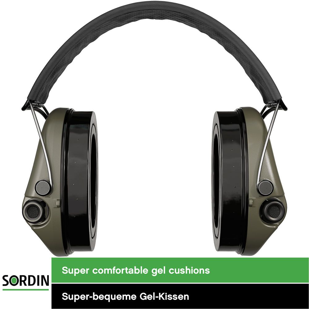 Sordin Supreme Pro-X Gehörschutz - aktiver Kapsel-Gehörschützer - graues Kopfband mit US-Flagge - grüne Kapseln