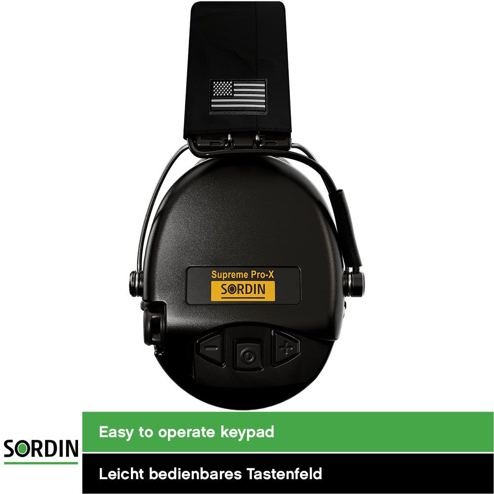 Sordin Supreme Pro-X Gehörschutz - aktiver Kapsel-Gehörschützer - schwarzes Kopfband mit US-Flagge - schwarze Kapseln
