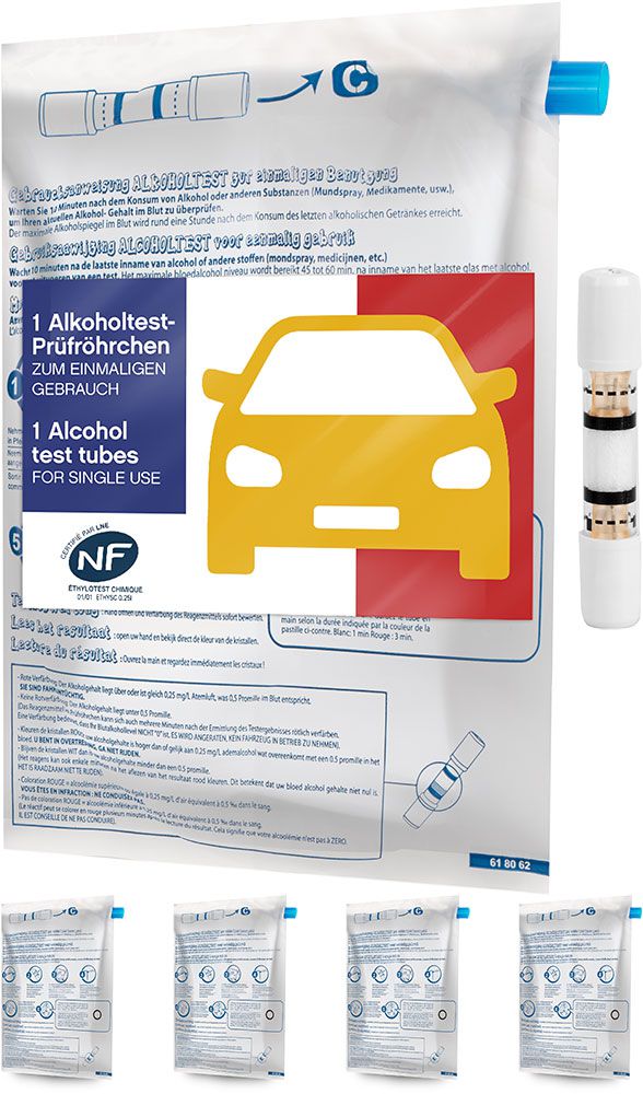 ACE Alkotest-Prüfröhrchen mit Ballon & NF-Zertifikat (Packung mit 5 einzeln verpackten Prüfröhrchen)