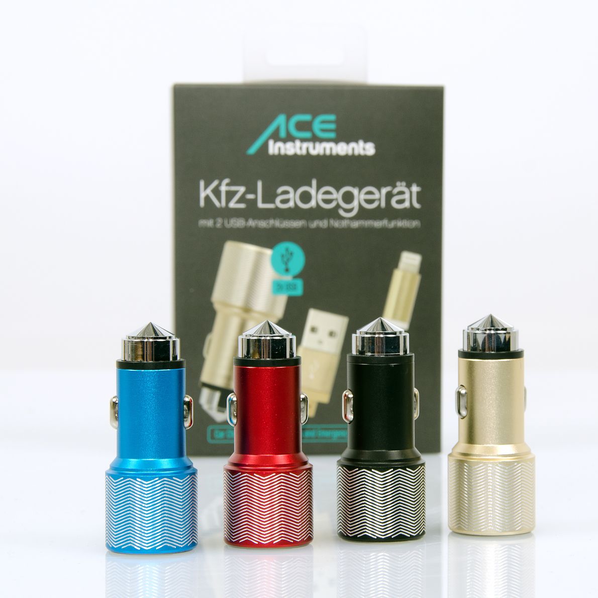 ACE Kfz-Ladegerät mit 2 USB-Anschlüssen und Nothammerfunktion (verschiedene Farben)