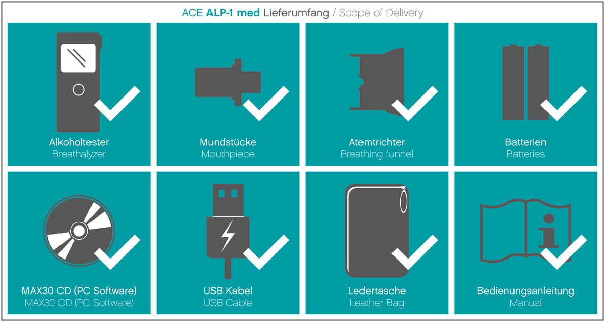 Alkoholtester ACE ALP-1 med (= mit Medizinzertifikat) + 25 Mundstücke & Kalibriergutschein