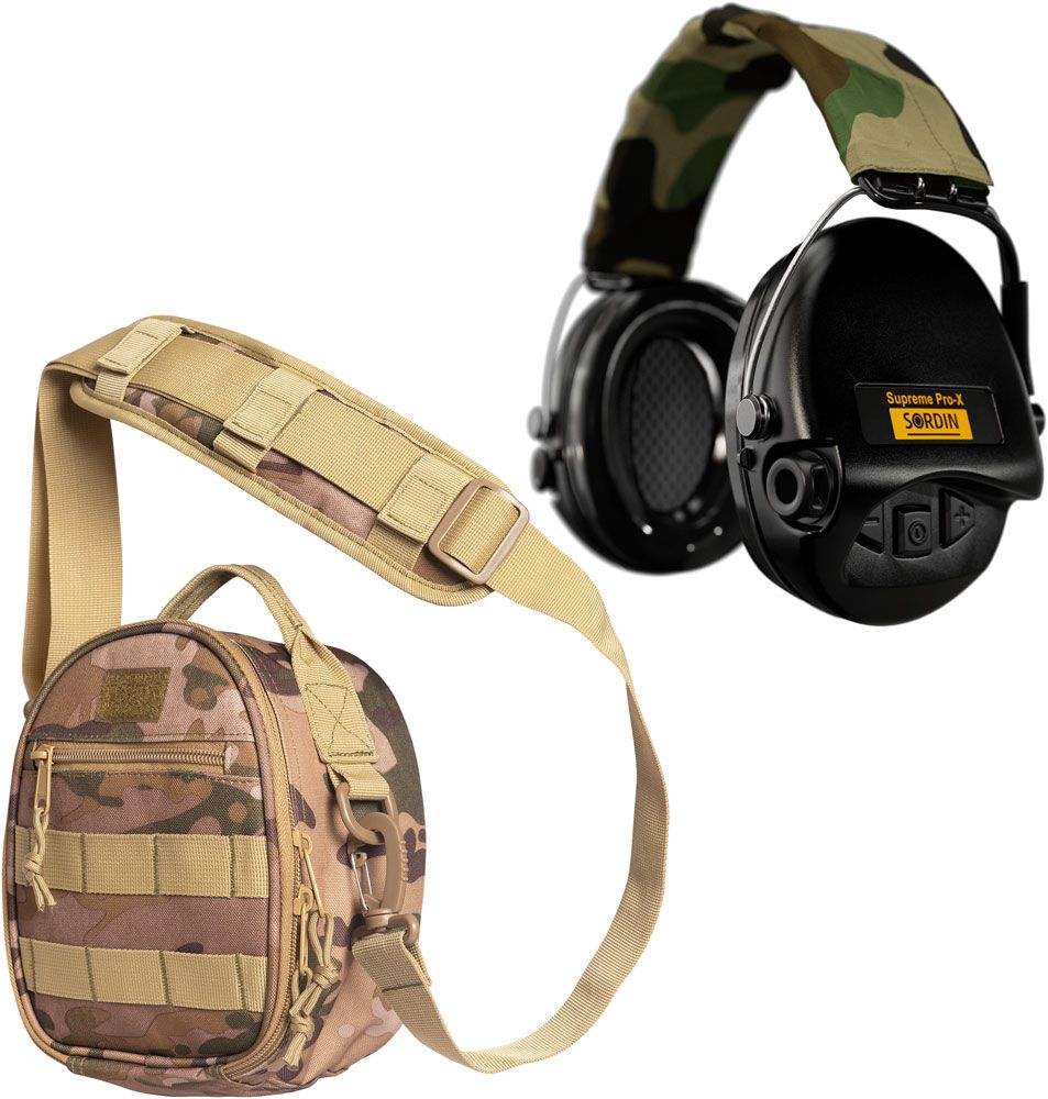 Sordin Supreme Pro-X Aktiver Kapsel-Gehörschutz - EN 352 - Version mit Camo-Stoffband, Gelkissen & schwarzen Kapseln