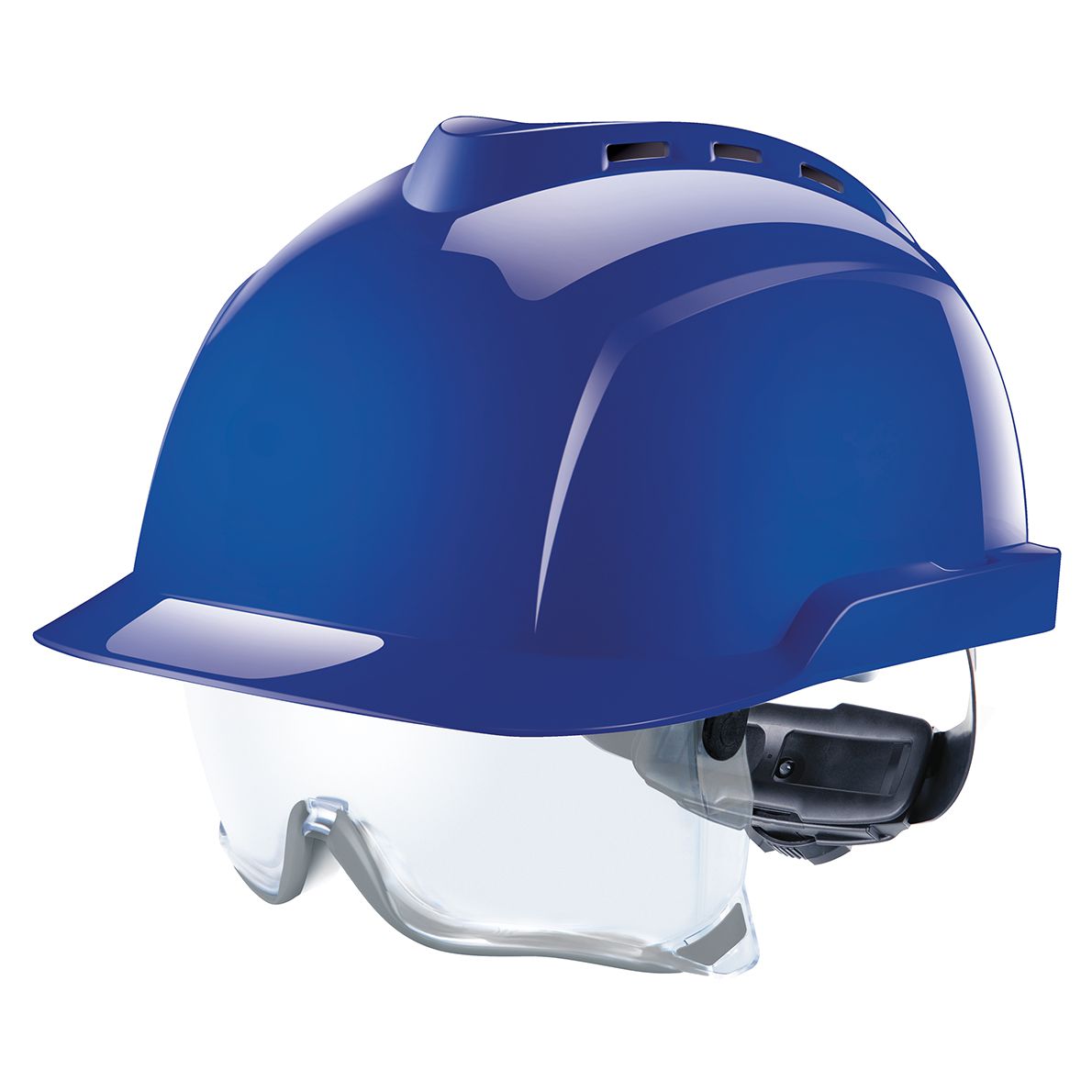 MSA Kopfschutz V-Gard 930 Schutzhelm mit integrierter Schutzbrille, unbelüftet, Farbe: blau