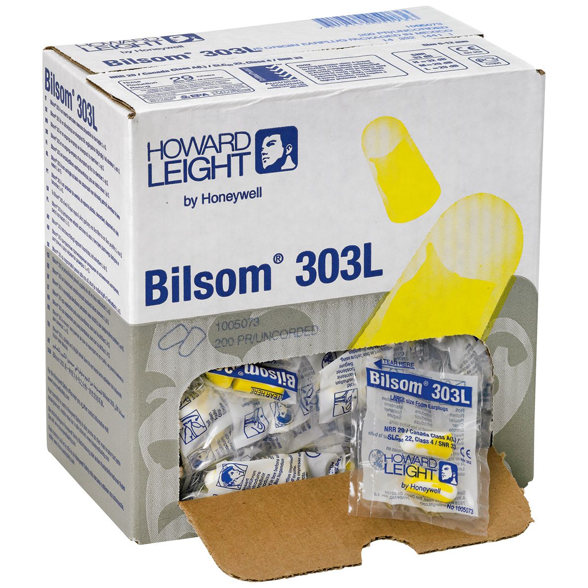 Howard Leight Bilsom 303L Ohrstöpsel - Gehörschutzstöpsel ohne Kordel - Box mit 200 Paar in PE-Tüten