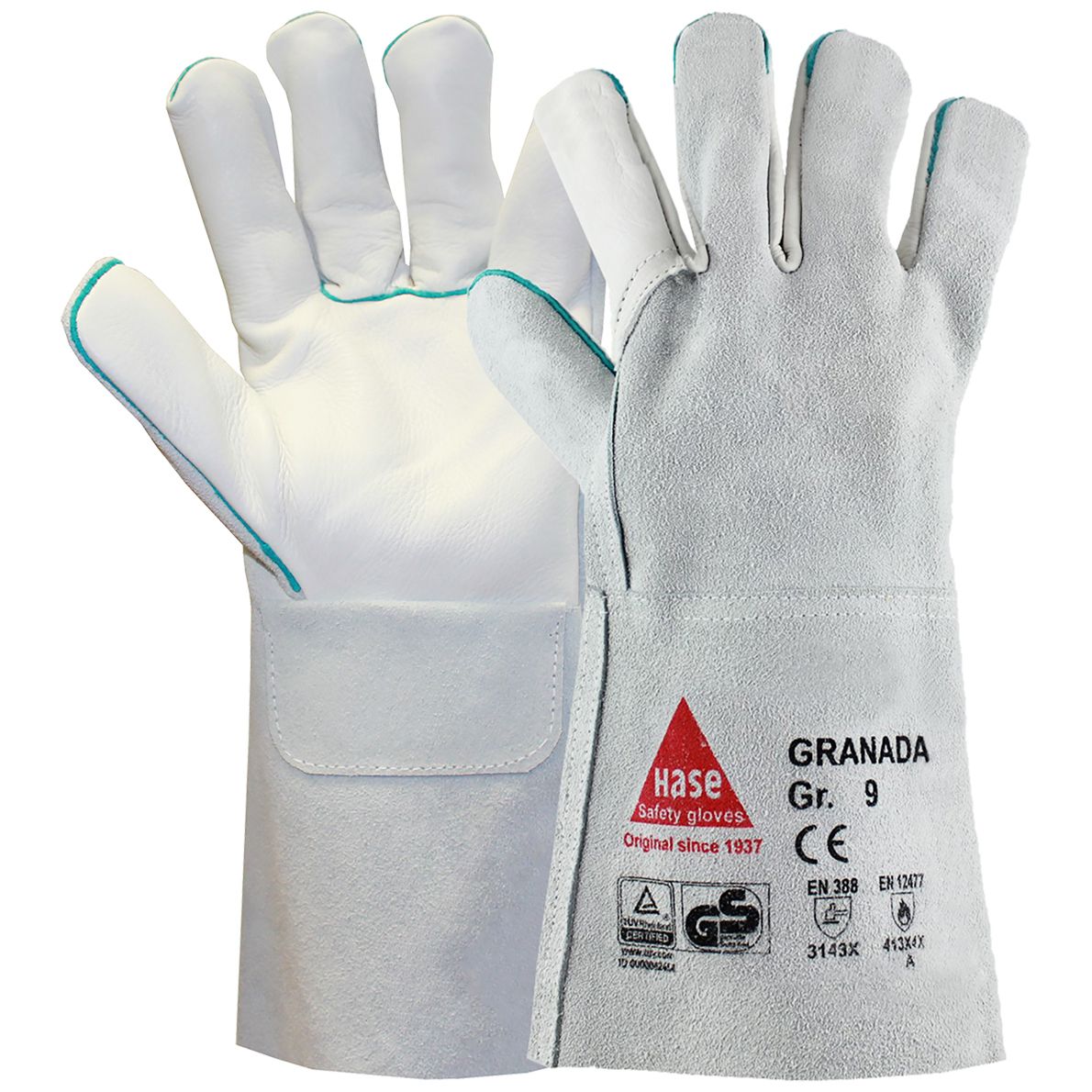 Hase Granada Schweißerhandschuhe - Lange Leder-Schutzhandschuhe für Schweißer - EN 388/407/420 - Grau - 12/3XL