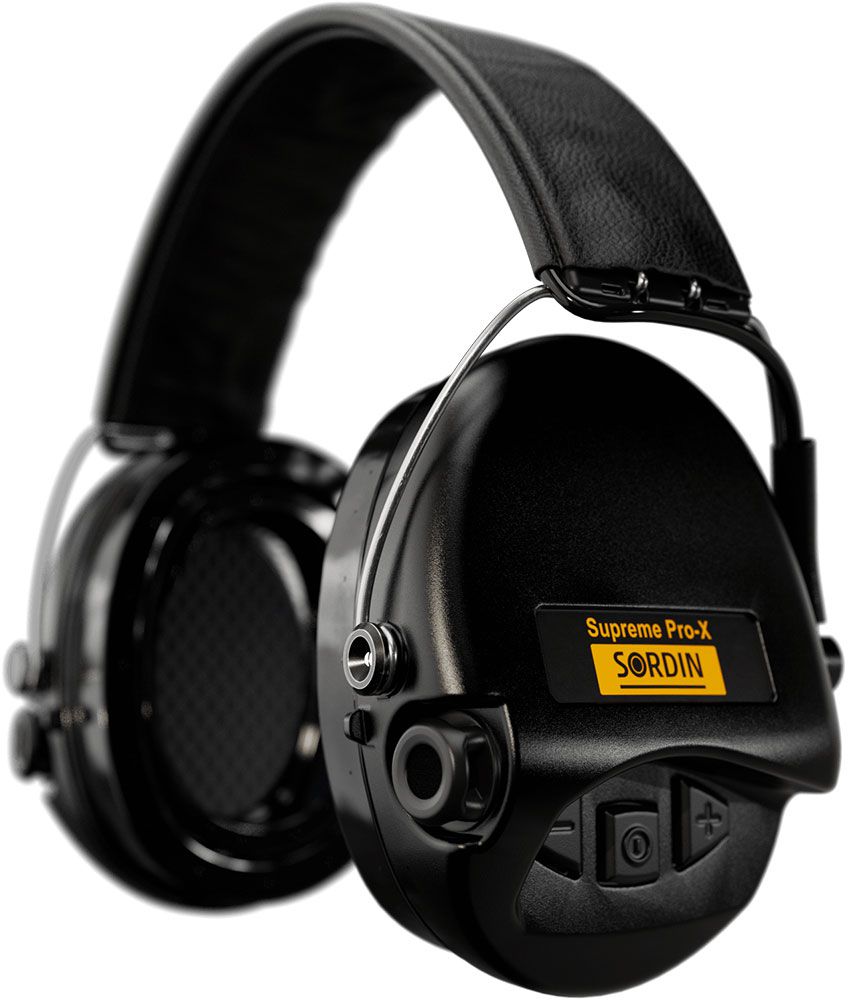 Sordin Supreme Pro-X LED Gehörschutz - aktiver Jagd-Gehörschützer - EN 352 - Gel-Kissen, Leder-Band & schwarze Kapsel