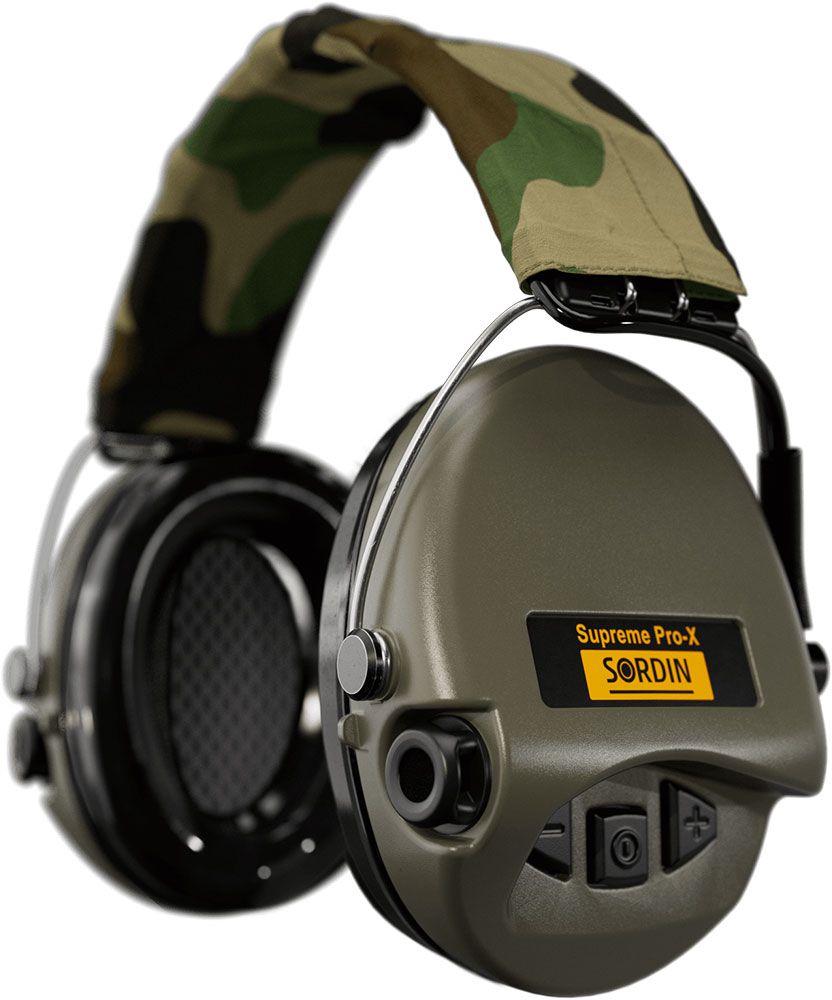Sordin Supreme Pro-X Gehörschutz - aktiver Jagd-Gehörschützer - EN 352 - Schaum-Kissen, Camo-Band & grüne Kapsel