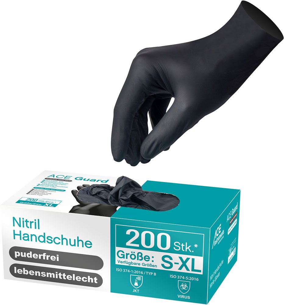 ACE Guard Chemie-Handschuhe - Einweg-Handschuhe ohne Latex - EN 374-1 - Schwarz - 10/XL (200er Pack)