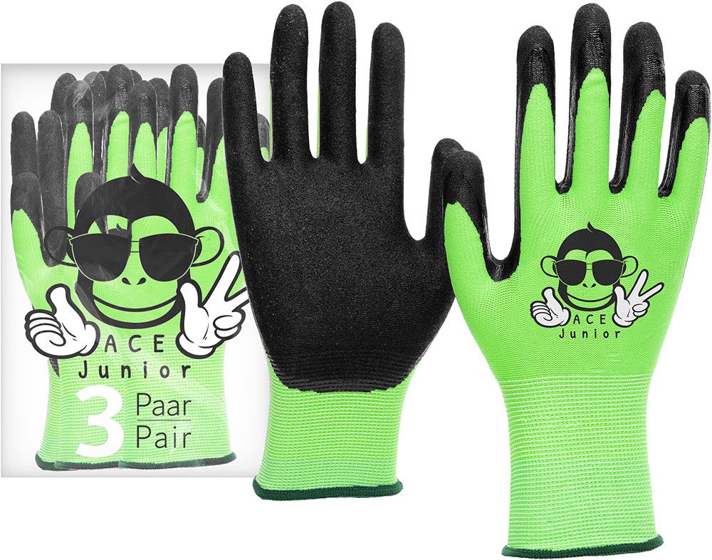 ACE Junior Gardening Gloves - Little Gardener Gloves - Green - 7-8 years (Pack of 3)