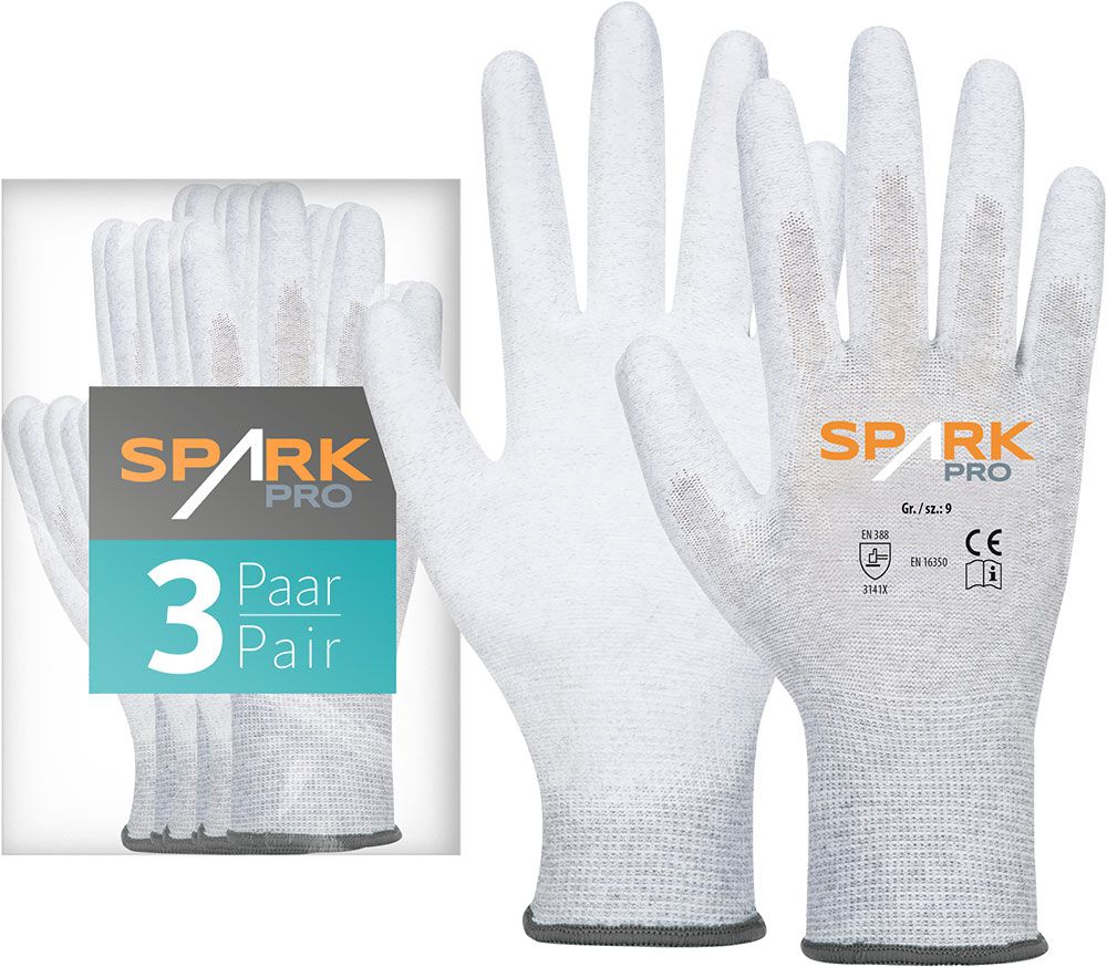 ACE Spark Pro Antistatik-Handschuh - 3 Paar Schutz-Handschuhe für PC & Elektronik - EN 388/16350 - 07/S (3er Pack)