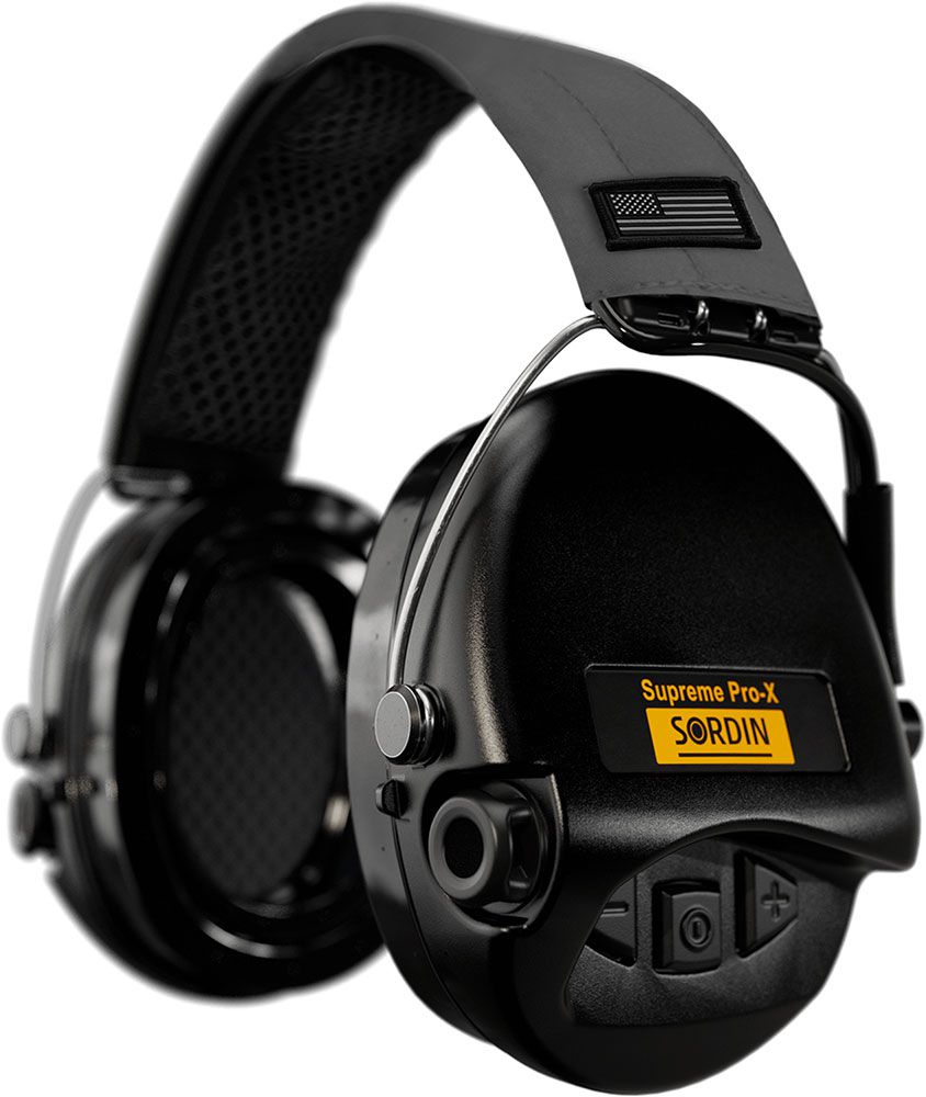 Sordin Supreme Pro-X Gehörschutz - aktiver Kapsel-Gehörschützer - graues Kopfband mit US-Flagge - schwarze Kapseln